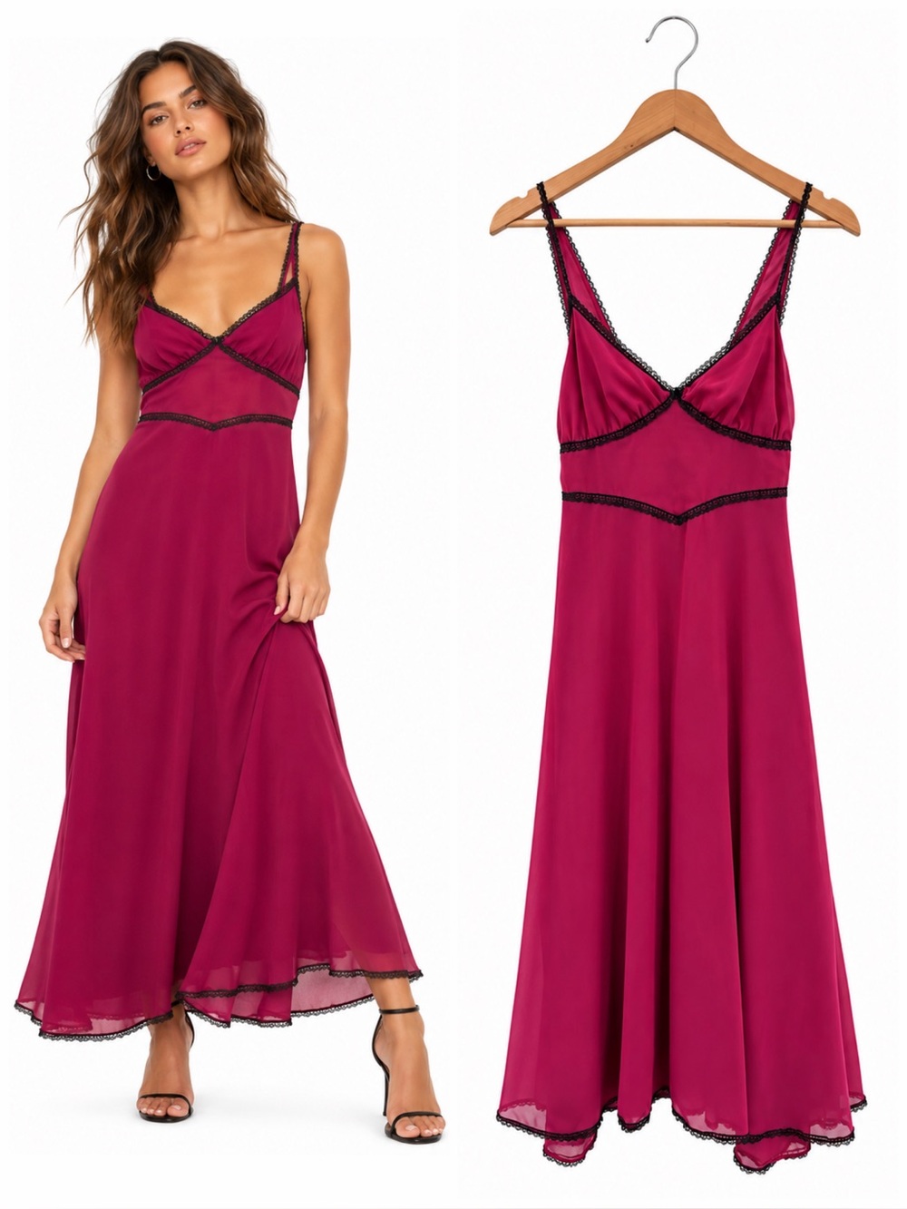 Forever 21 Fuchsia Pink Black Lace Trim Maxi Dress Y2K Romantic Goth L